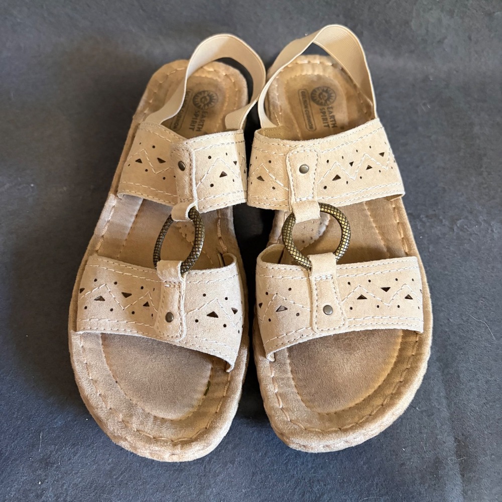 Earth Spirit Slingback Sandals Womens 9.5 Beige Comfort Boho Hippie 1" Heel Core